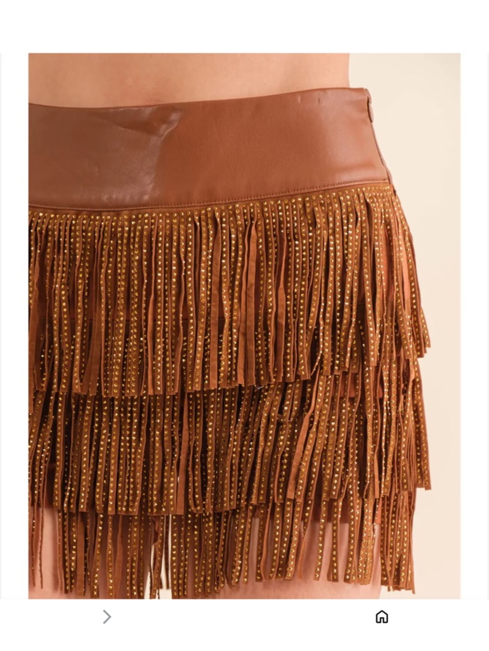 Brown Faux-Leather Fringe Mini Skirt with Studded Trim